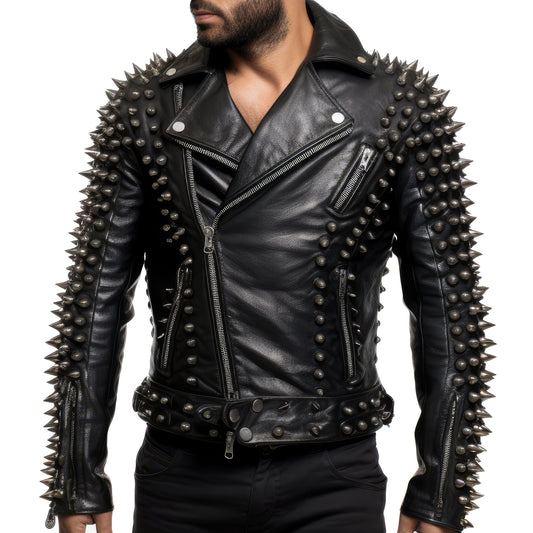 Mens Motorbike Jacket Rock Sleeve Punk Spike Studded Motorcycle Biker Moto Genuine Leather Jackets
