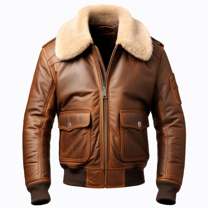 Men Aviator Leather Jacket Casual Lapel Fur Bomber Coat Front Pockets Genuine Leather Jackets