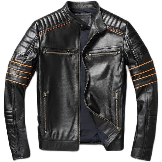 Mens Skull Embroidery Men's First Layer Cowhide Leather Jacket Motorcycle Slim Oversize Coat Genuine Leather Jackets