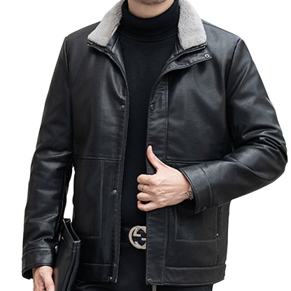 Mens Leather Jackets Standing Neck Down Solid Men's Cardigan Genuine Leather Jacket