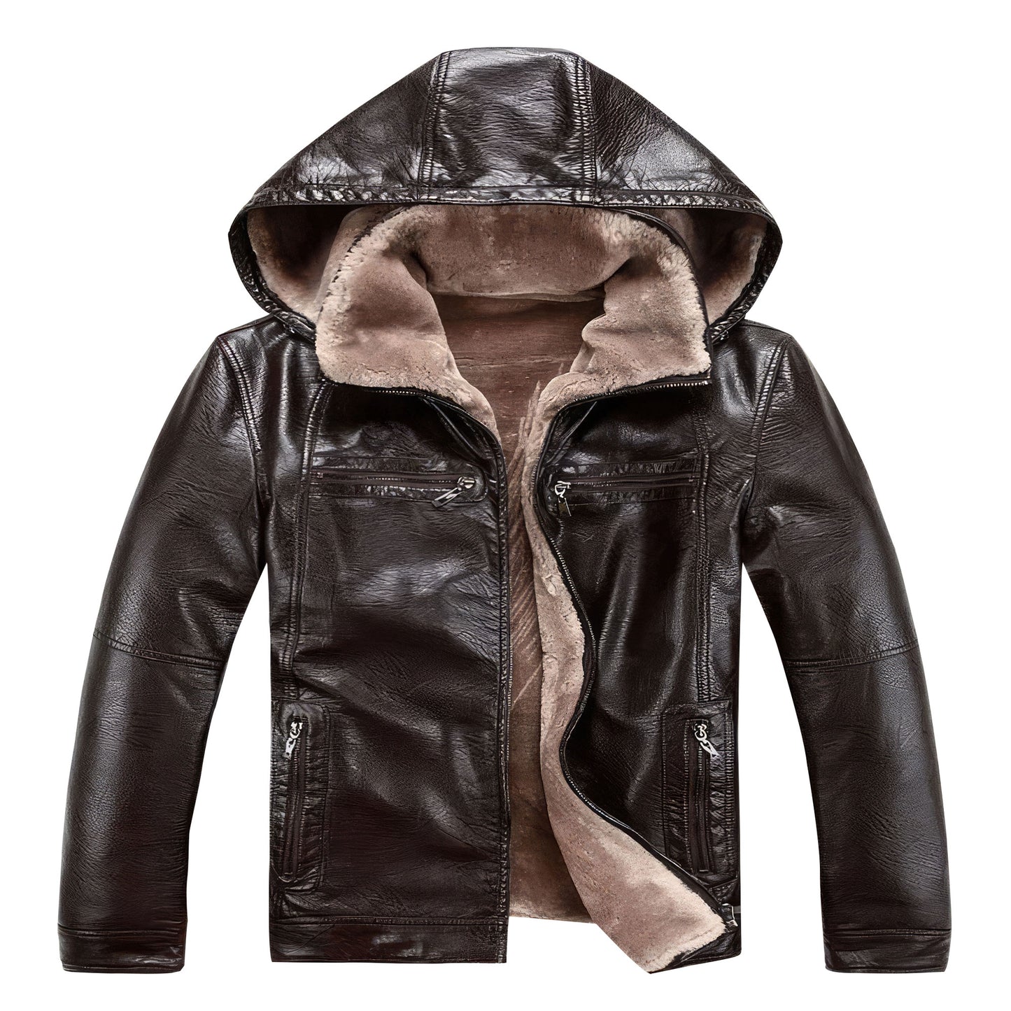 Mens Thick Faux Fur Coat Casual Hooded Motorcycle Jacket Flocking Warm Leather Overcoat Genuine Leather Jackets