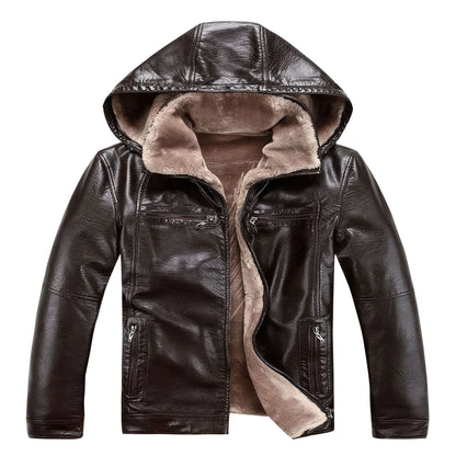 Mens Thick Faux Fur Coat Casual Hooded Motorcycle Jacket Flocking Warm Leather Overcoat Genuine Leather Jackets