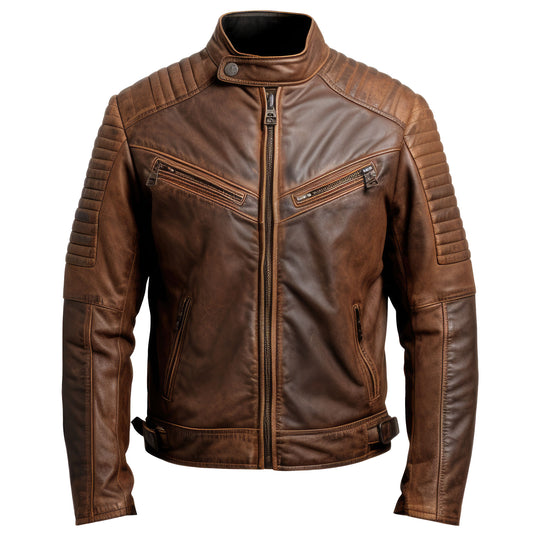 Mens Leather Jacket Puffer Racer Slim Fit Zipper Pocket Moto Biker Genuine Leather Jackets