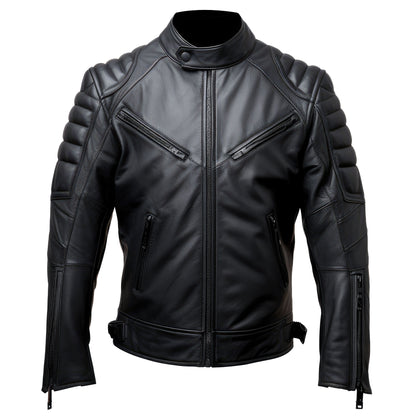 Mens Puffer Leather Jacket Racer Biker Fit Black Zipper Pocket Motorbike Rider Genuine Leather Jackets