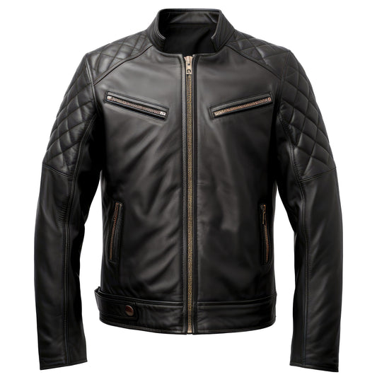 Mens Leather Biker Jacket Quilted Cafe Racer Zip Up Multi Pockets Moto Genuine Leather Jackets