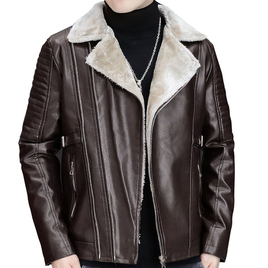 Mens Lapel Diagonal Zipper Motorcycle Leather Jacket Men Vintage Fleece Warm Leather Coat Man Outwear Genuine Leather Jackets