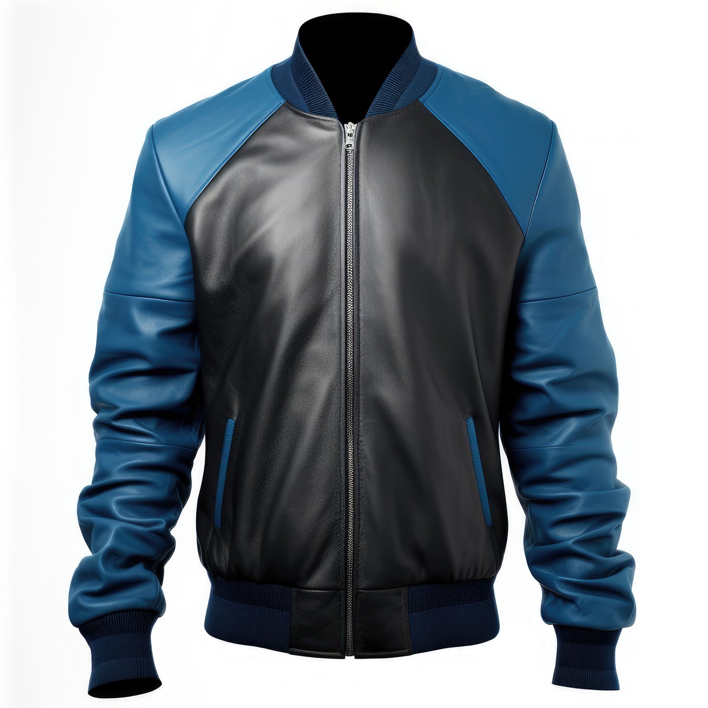 Mens Black Blue Varsity College Varsity Jackets Bomber Zipper Contrast Genuine Leather Jackets