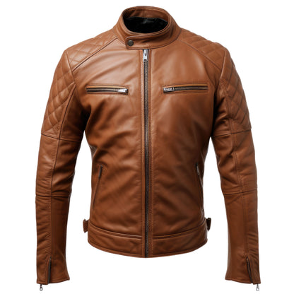 Mens Leather Biker Jacket Quilted Cafe Racer Zip Up Front Pockets Moto Genuine Leather Jackets