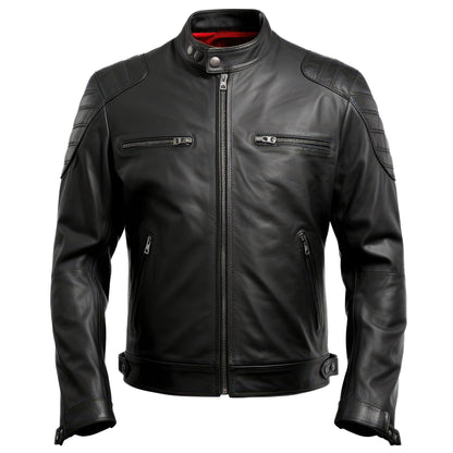 Mens Black Cafe Racer Casual Motorcycle Sheepskin Coat Multi Zipper Pockets Stand Collar Contrast Genuine Leather Jackets