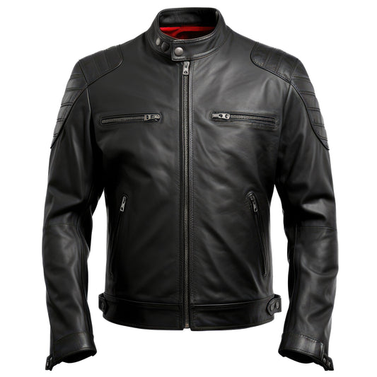 Mens Black Cafe Racer Casual Motorcycle Sheepskin Coat Multi Zipper Pockets Stand Collar Contrast Genuine Leather Jackets