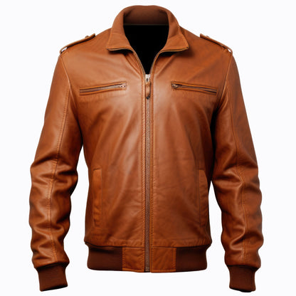 Mens Casual Leather Jacket Motorcycle Coat Side Pockets Zipper Stand Collar Lapel Genuine Leather Jackets