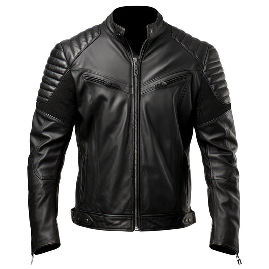 Mens Puffer Leather Biker Jacket Cafe Racer Fit Black Multi Zipper Pocket Moto Genuine Leather Jackets