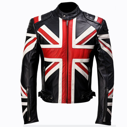 Men Union Jack Leather Jacket Casual Motorcycle Zipper Coat With UK Flag Genuine Leather Jackets