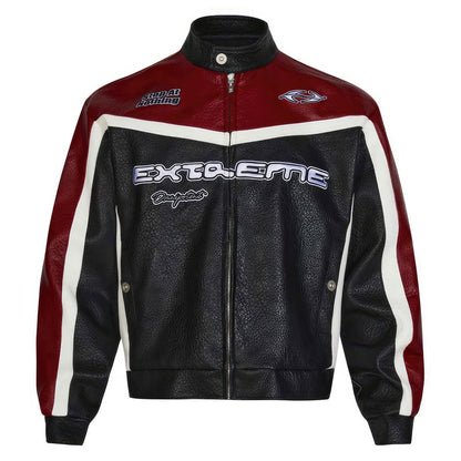 Mens Racing Leather Jacket Streetwear Retro Color Motorcycle Genuine Leather Jackets