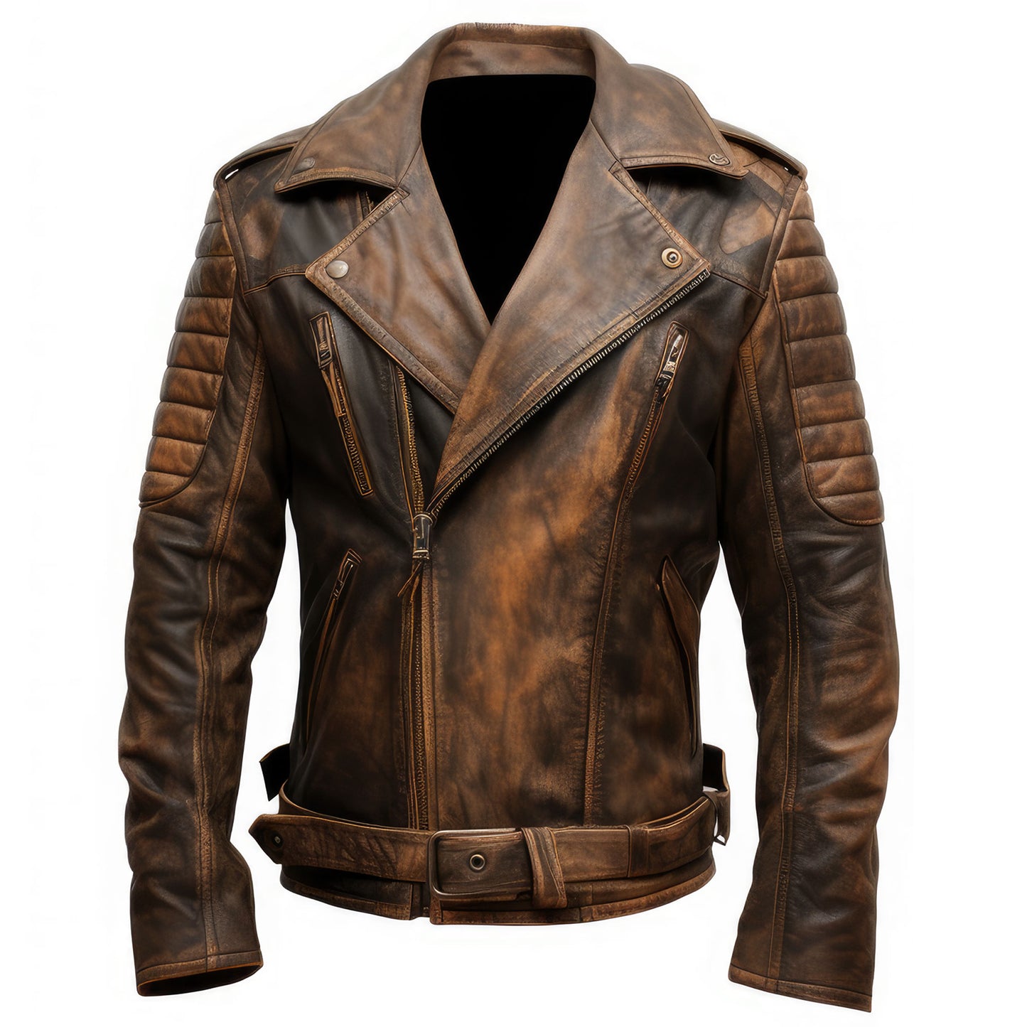 Mens Motorcycle Distressed Coat Zipper Multi Pockets Stand Collar Lapel Bikers Moto Genuine Leather Jackets