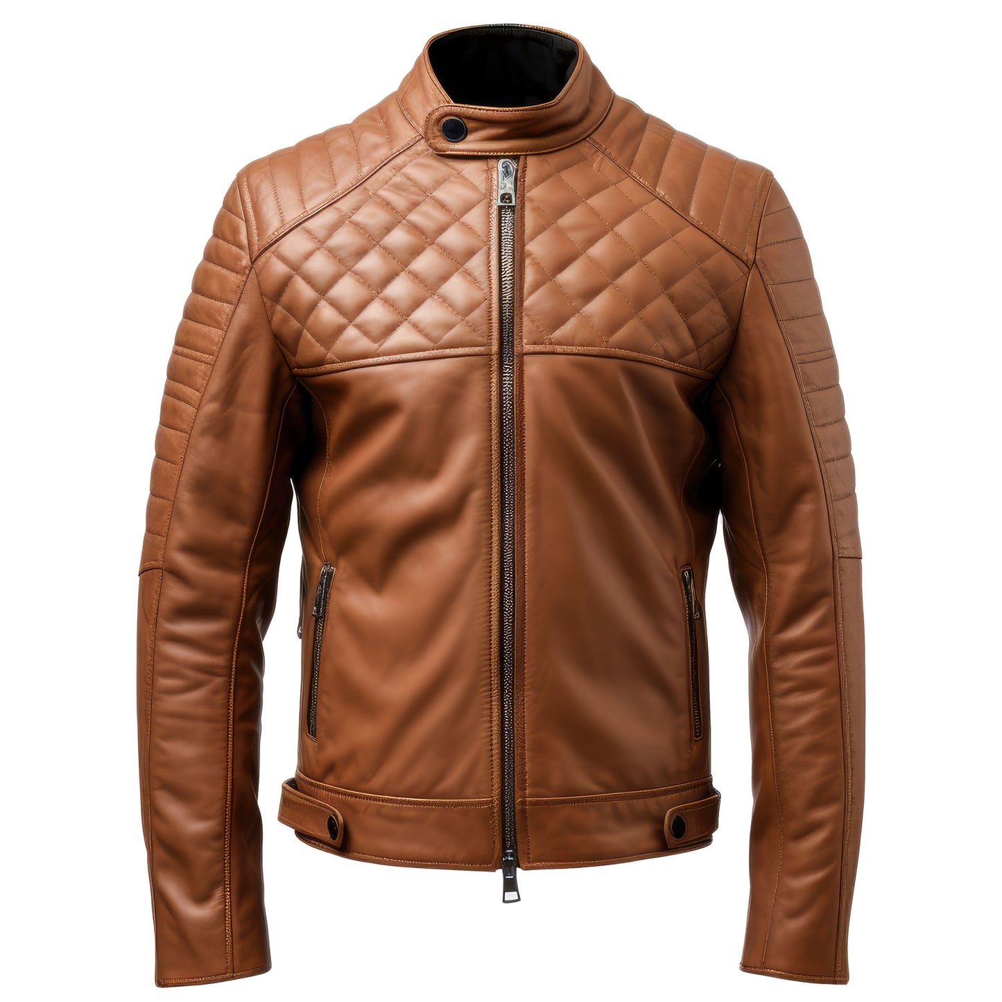 Mens Leather Biker Jacket Quilted Cafe Racer Zip Up Moto Genuine Leather Jacket Jackets