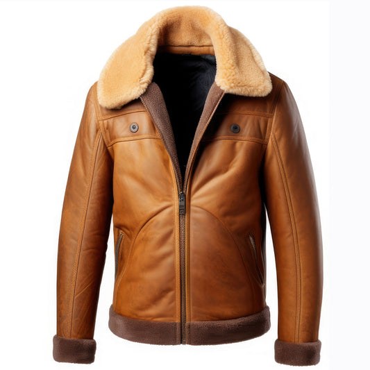 Men Shearling Lapel Fur Leather Jacket B3 Bomber Coat Zipper Pockets Aviation Genuine Leather Jackets