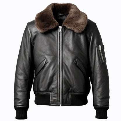 Men B3 Bomber Lapel Leather Jacket Fur Coat Side Pockets Aviation Genuine Leather Jackets