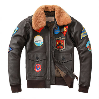 Mens Embroidery Aviator Bomber G1 Flight Jacket Cowhide Leather Coat Men Air Force Winter Clothing Aviation Real Fur Coats