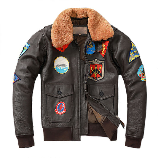 Mens Embroidery Aviator Bomber G1 Flight Jacket Cowhide Leather Coat Men Air Force Winter Clothing Aviation Real Fur Coats