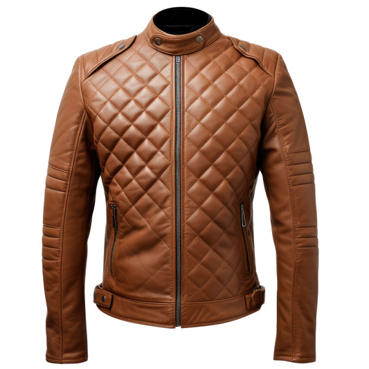 Mens Brown Leather Biker Jacket Quilted Cafe Racer Zip Up Moto Genuine Leather Jackets