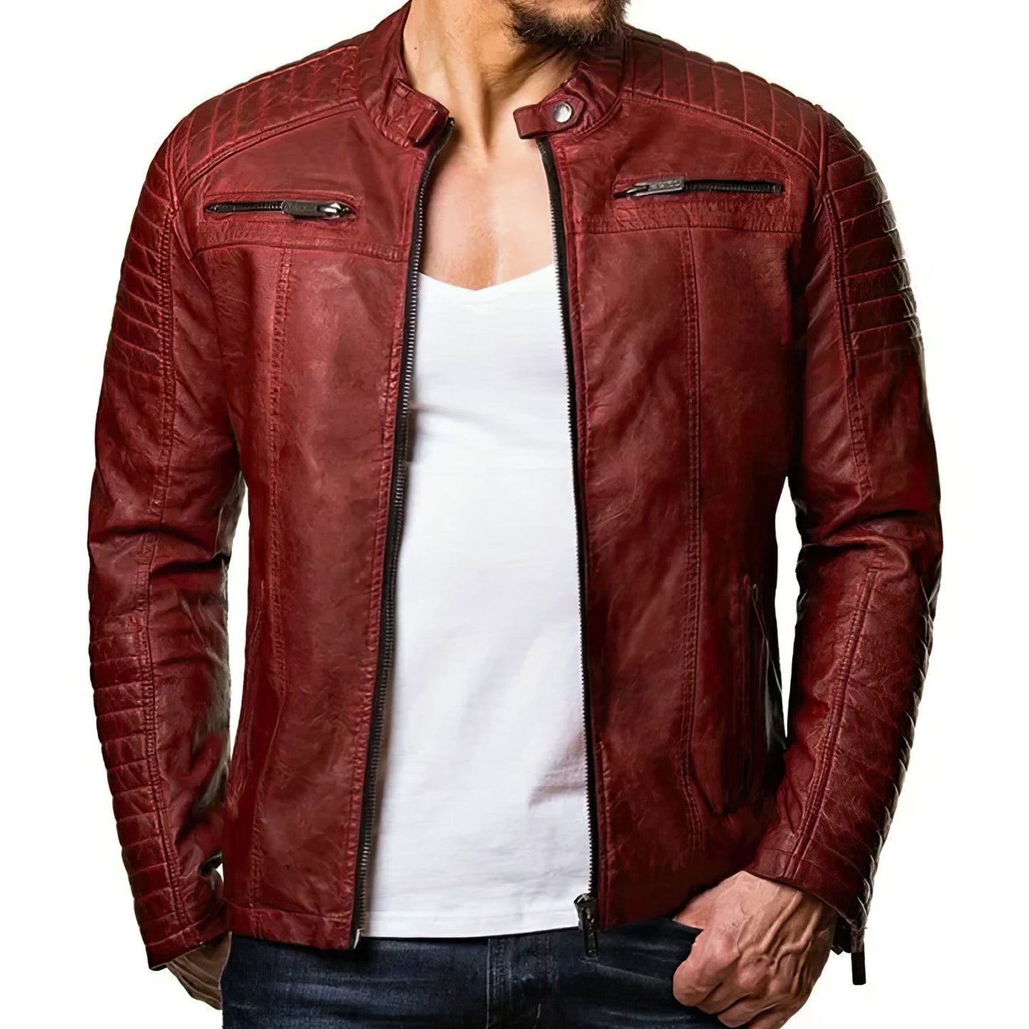 Men's Windproof Motorcycle Cotton Leather Coat Faux Leather Stand Collar Zipper Genuine Leather Jackets