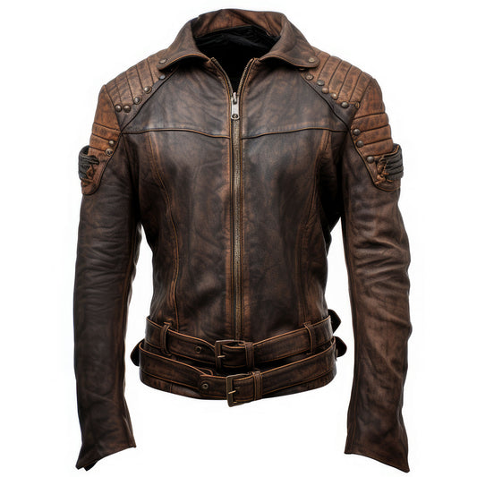 Mens Motorcycle Distressed Coat Zipper Lapel Multi Pockets Stand Collar Bikers Genuine Leather Jackets