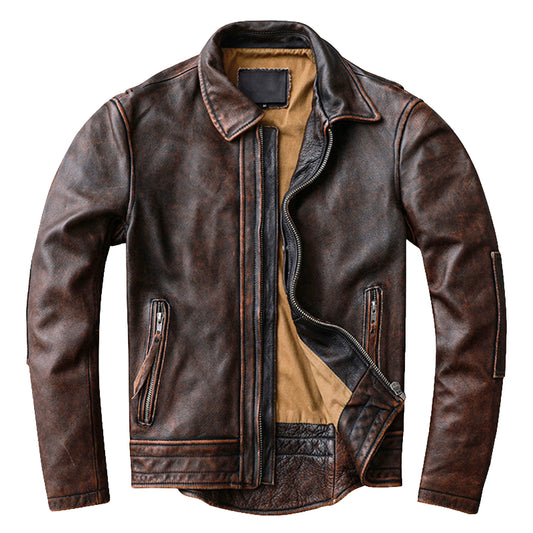 Men Vintage Leather Jacket Cowhide Leather Coat Men's Red Brown Jacket Tuxedo