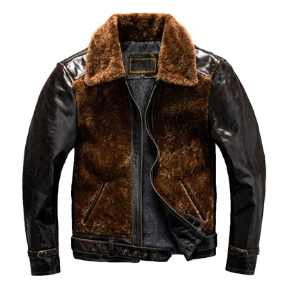 Brown Leather Jacket Men Casual Natural Cowhide Slim Fit Spliced Genuine Leather Coat