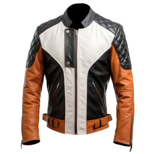 Mens Leather Biker Jacket Quilted Cafe Racer Multicolor Contrast Slim Fit Zipper Moto Genuine Leather Jackets