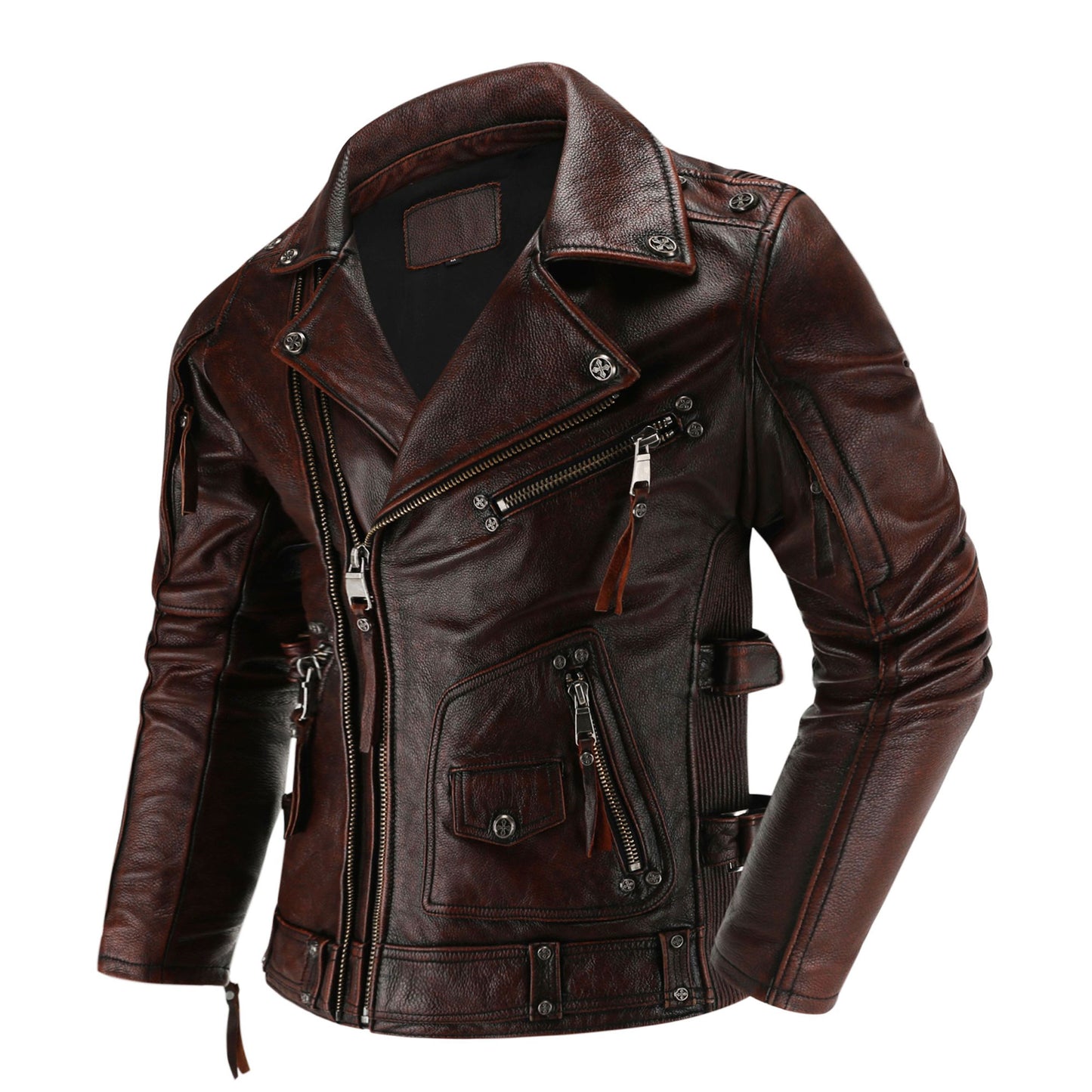 Men's Graphite Distressed Multi Zipper Motorcycle Biker Cowhide Genuine Leather Jacket