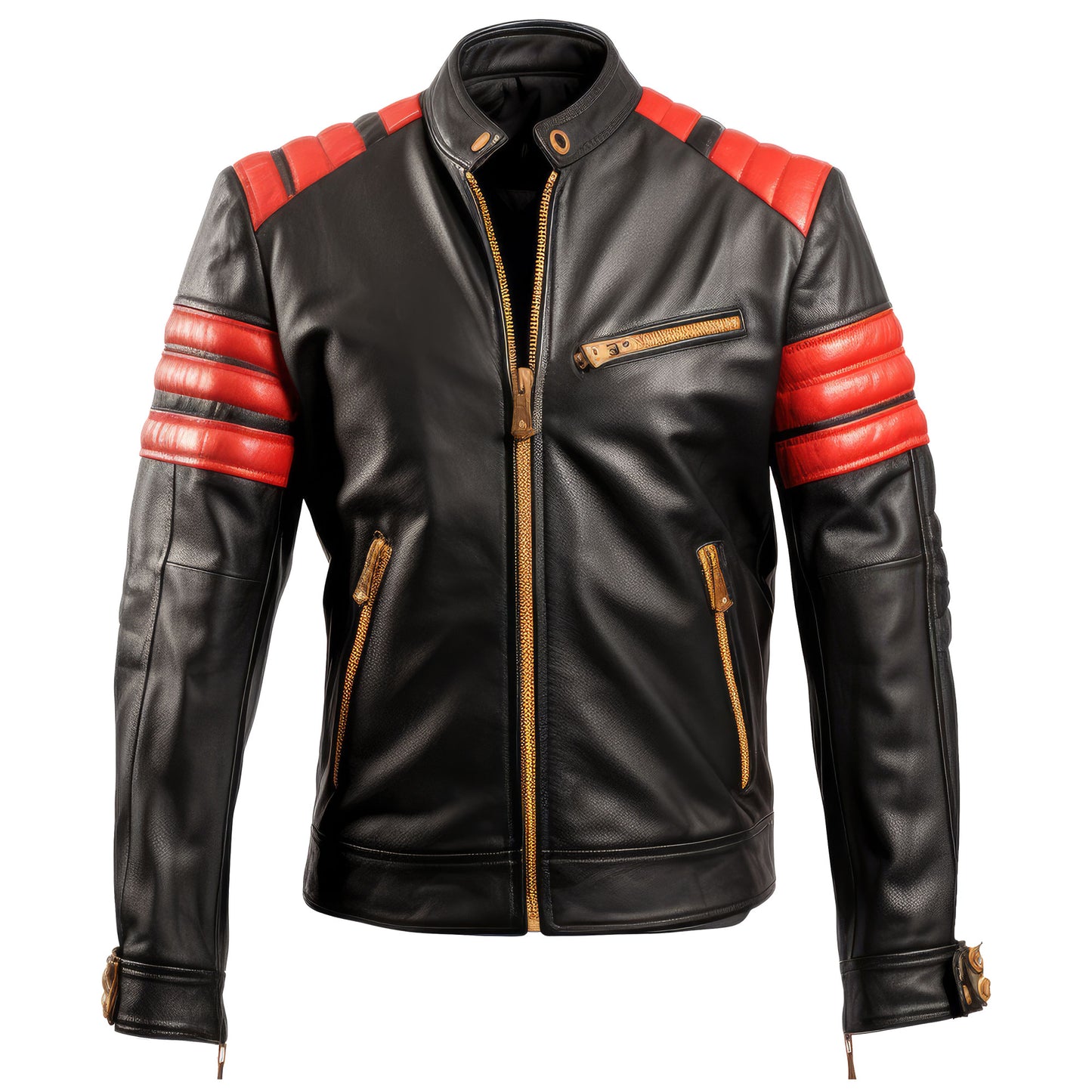 Mens Biker Casual Motorcycle Sheepskin Coat Side Pockets Zipper Red Black and Gold Genuine Leather Jackets