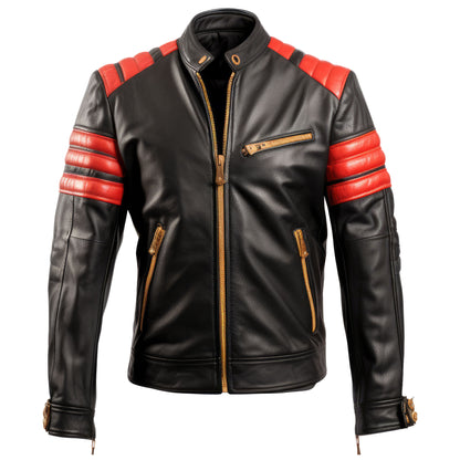 Mens Biker Casual Motorcycle Sheepskin Coat Side Pockets Zipper Red Black and Gold Genuine Leather Jackets