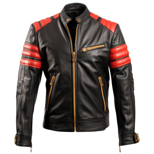 Mens Biker Casual Motorcycle Sheepskin Coat Side Pockets Zipper Red Black and Gold Genuine Leather Jackets