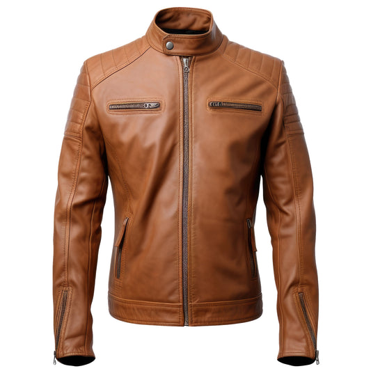 Mens Blazer Leather Jacket Tan Stand Collar Punk Motorcycle Biker Cafe Racer Zipper Genuine Leather Jackets