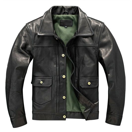 Mens Casual Black Autumn Leather Jacket Men Natural Horsehide Slim Fit Genuine Leather Jackets