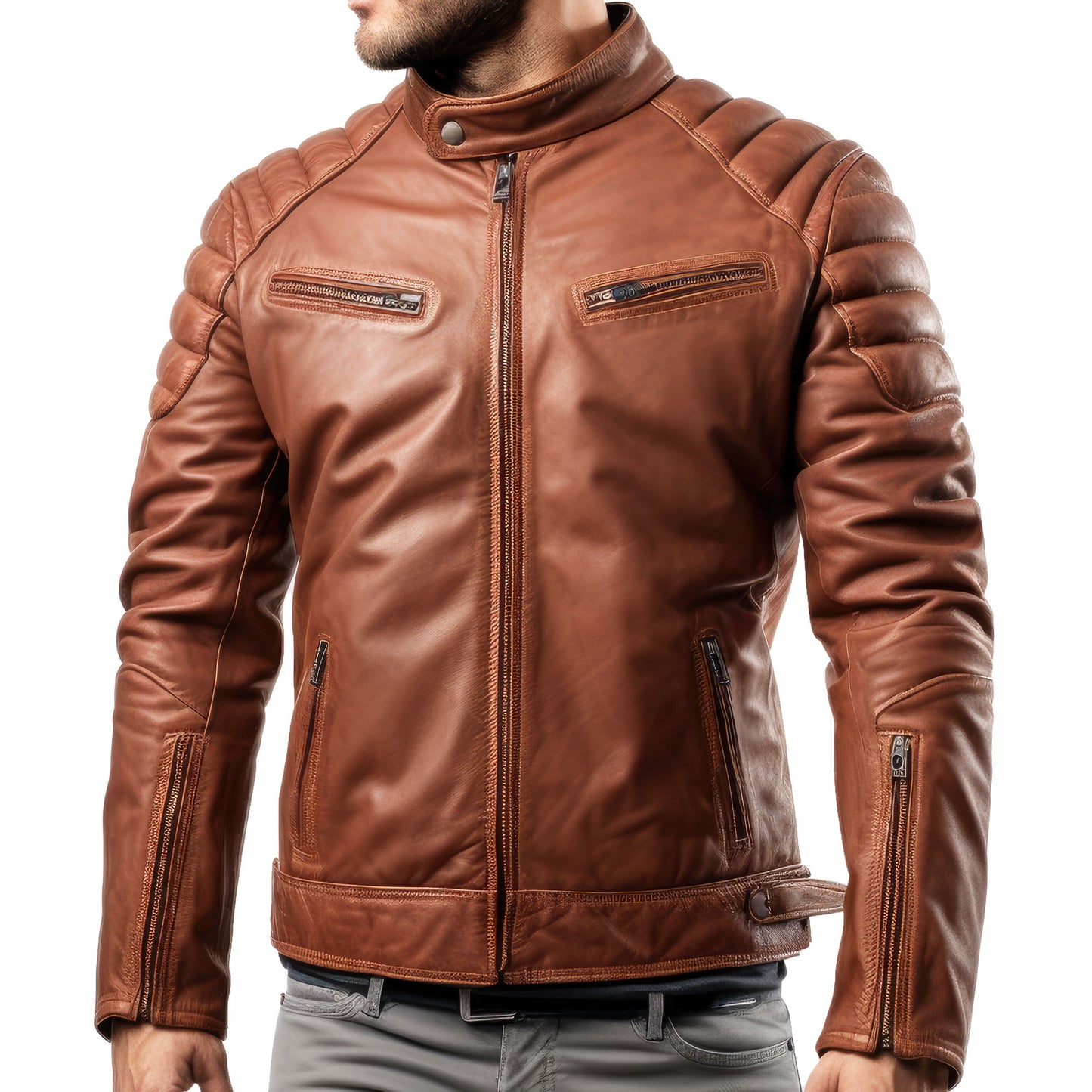 Mens Leather Biker Jacket Puffer Cafe Racer Slim Fit Front Zipper Pocket Moto Genuine Leather Jackets