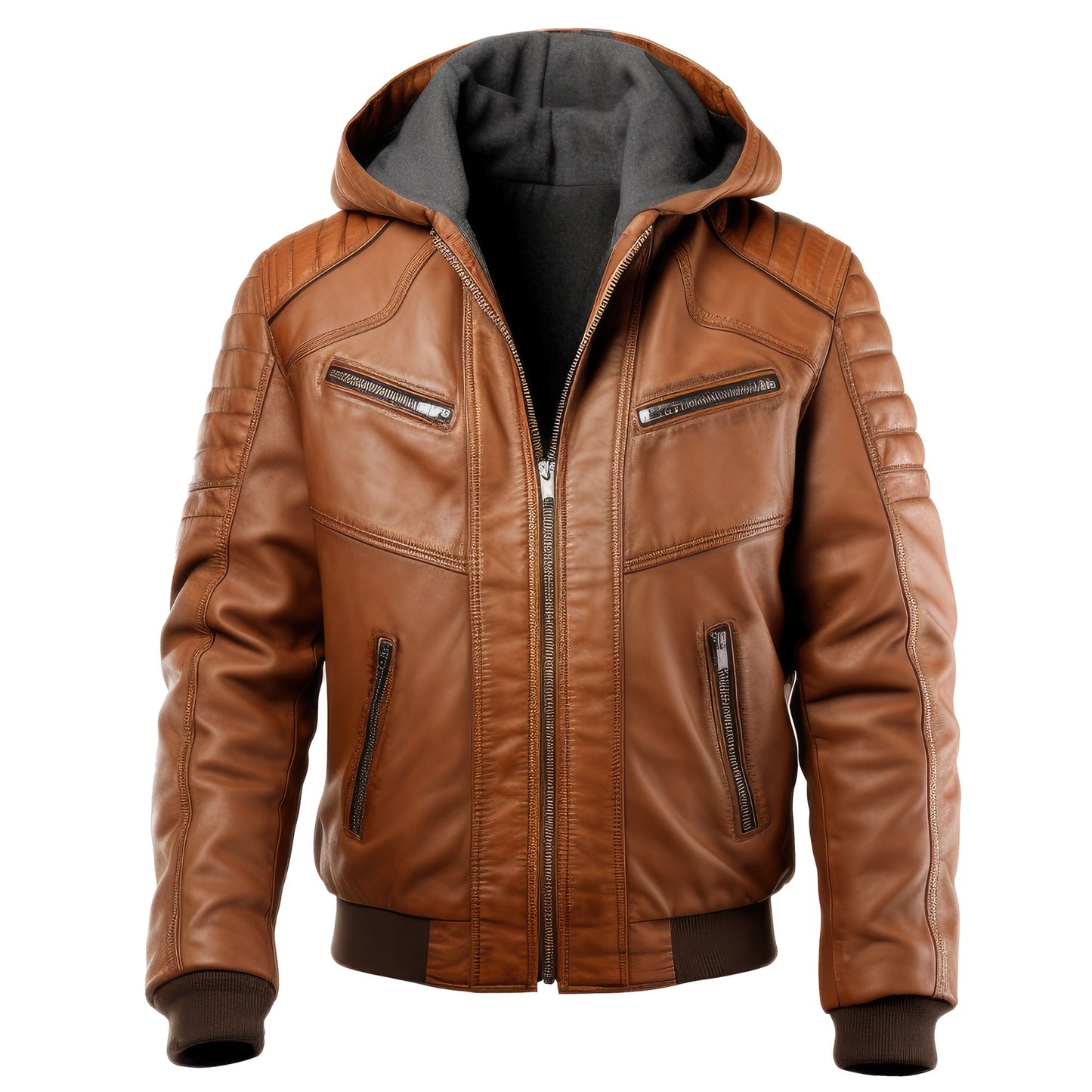 Mens Hooded Leather Biker Jacket Puffer Cafe Racer Zipper Pocket Moto Genuine Leather Jackets