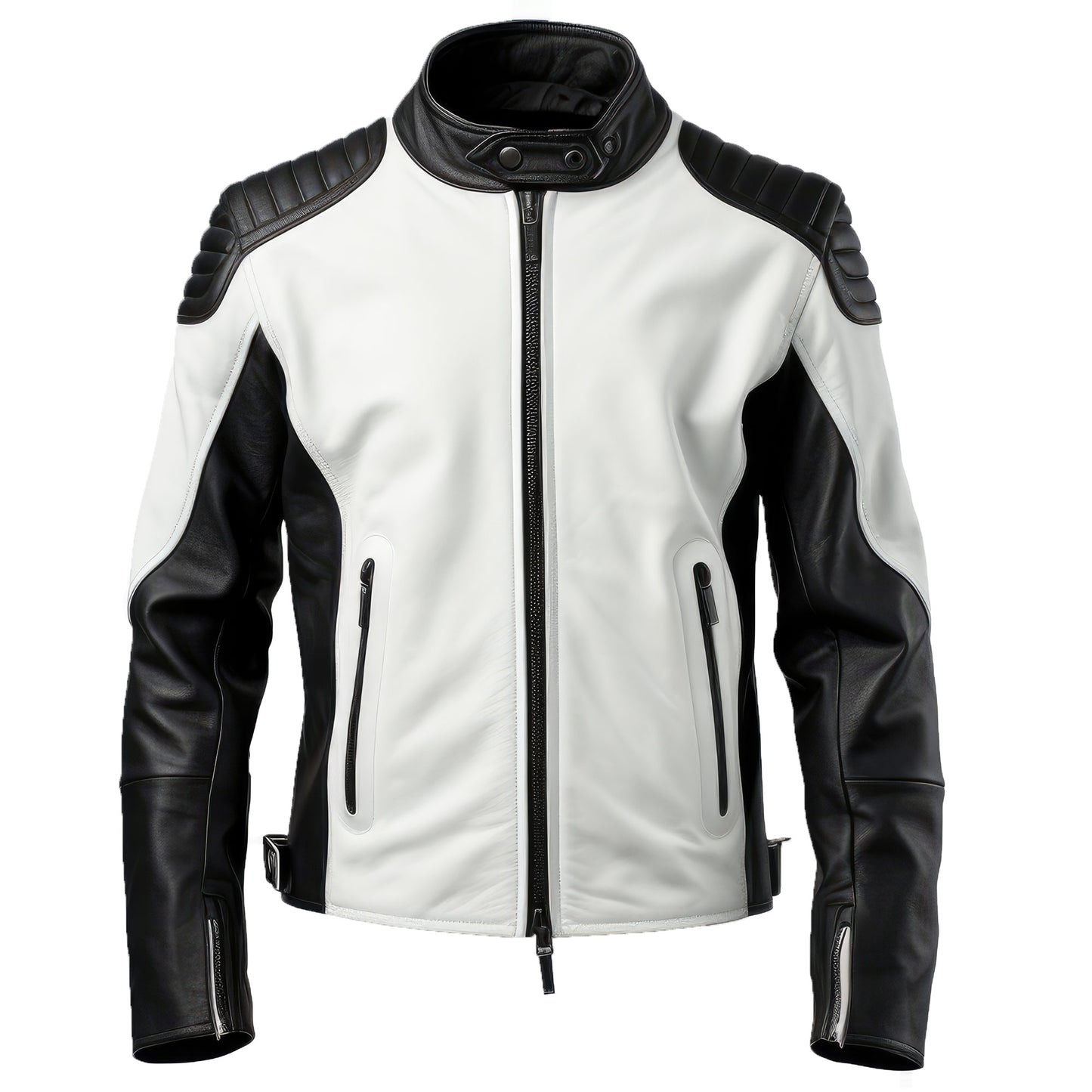 Mens Biker Casual Motorcycle Sheepskin Coat Side Pockets Zipper Black and White Stand Collar Genuine Leather Jackets
