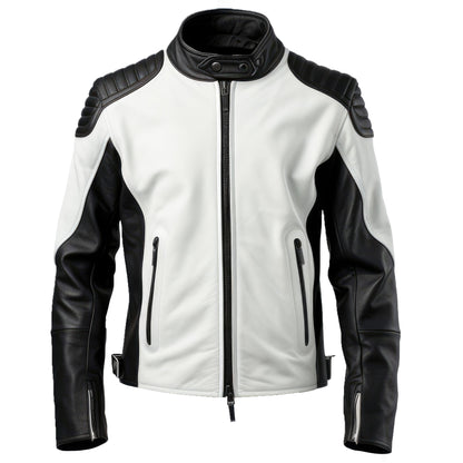 Mens Biker Casual Motorcycle Sheepskin Coat Side Pockets Zipper Black and White Stand Collar Genuine Leather Jackets