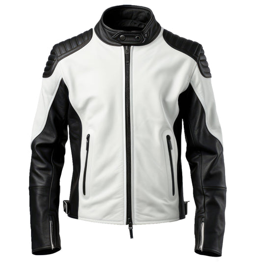 Mens Biker Casual Motorcycle Sheepskin Coat Side Pockets Zipper Black and White Stand Collar Genuine Leather Jackets