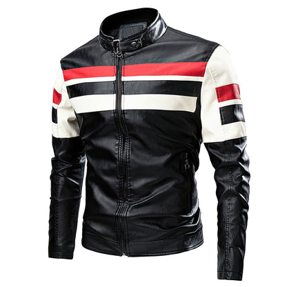 Mens Leather Jacket Motorcycle PU Stripe Stitching Punk Bike Windbreaker Bomber Thicken Coat Genuine Leather Jackets