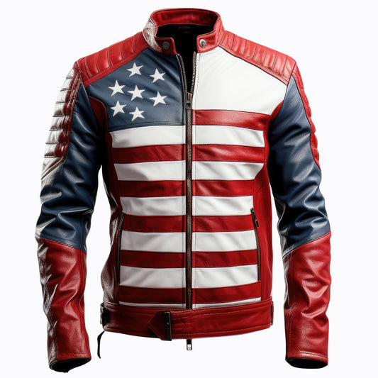 Mens Leather Jacket Inspired by American Flag USA Casual Motorcycle Zipper Coat With USA Flag Genuine Leather Jackets