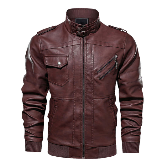 Men Motorcycle Windproof Leather Coat Men Solid Outdoor Zipper Coat Outerwear Spring Genuine Leather Jackets