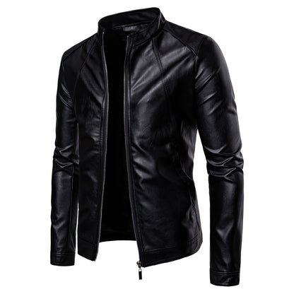 Mens Biker Moto Stand Collar Motorcycle Faux Casual Fashion Male Coat Long Sleeve Genuine Leather Jackets