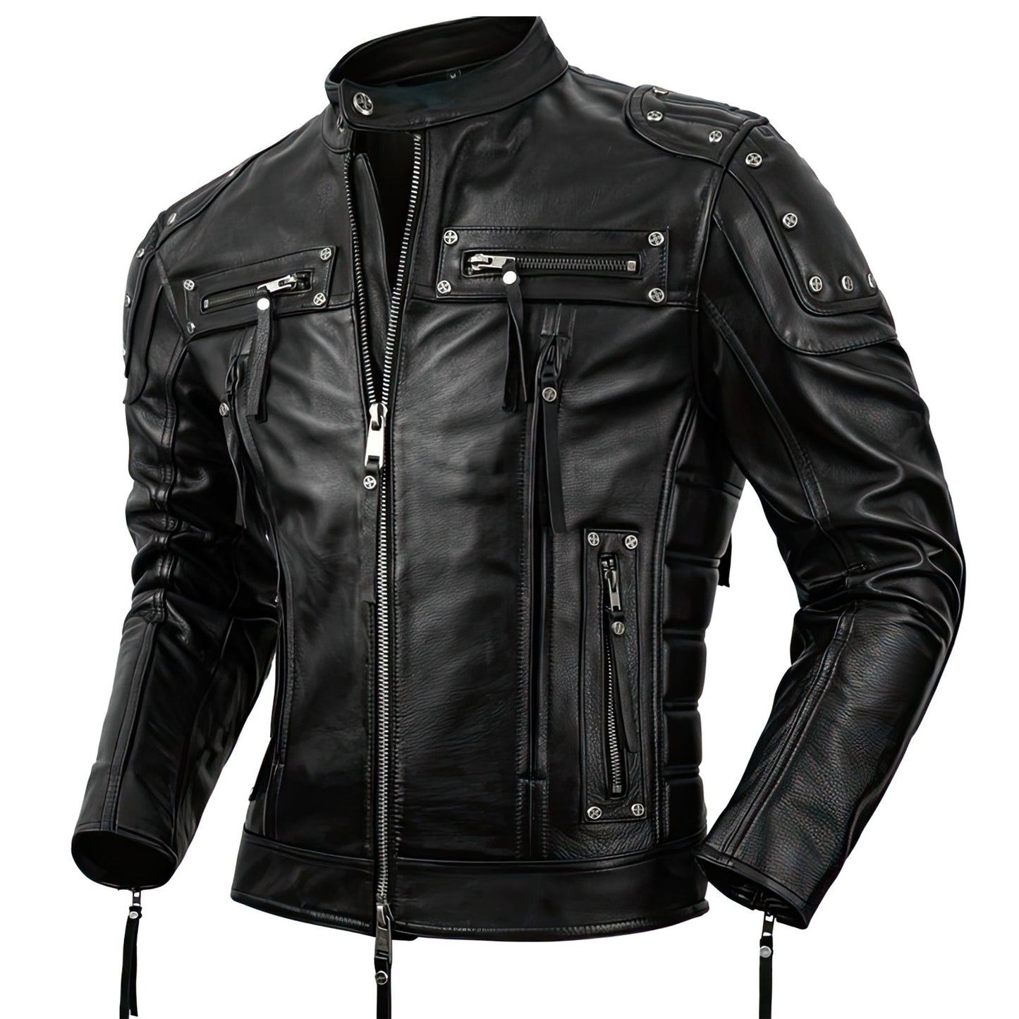 Men's Motorcycle Jackets Stand Collar Zipper Rivet Top layered Natural Genuine Leather Jacket