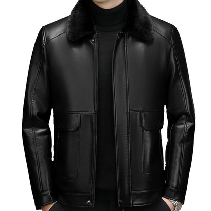 Mens Fur One Piece Coat Genuine Leather Jacket Casual Gentleman Zipper Jacket