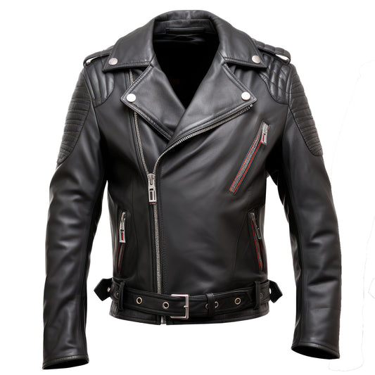 Mens Black Double Rider Casual Motorcycle Sheepskin Coat Zipper Pockets Stand Collar Bikers Genuine Leather Jackets