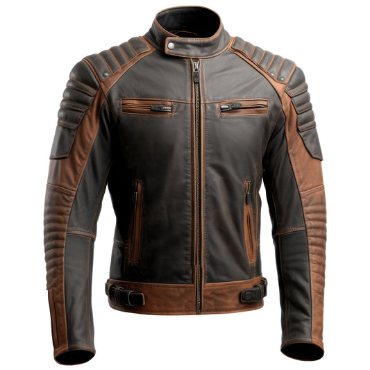 Mens Cafe Racer Casual Motorcycle Sheepskin Coat Multi Zipper Pockets Stand Collar Brown Genuine Leather Jackets