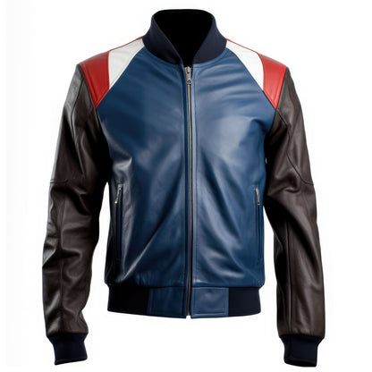 Mens Blue Varsity College Varsity Jackets Bomber Zipper Contrast Genuine Leather Jackets